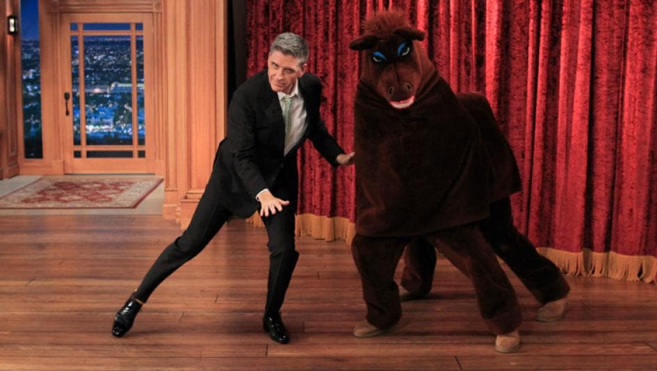 Craig Ferguson dancing with Secretariat, the show's pantomime horse