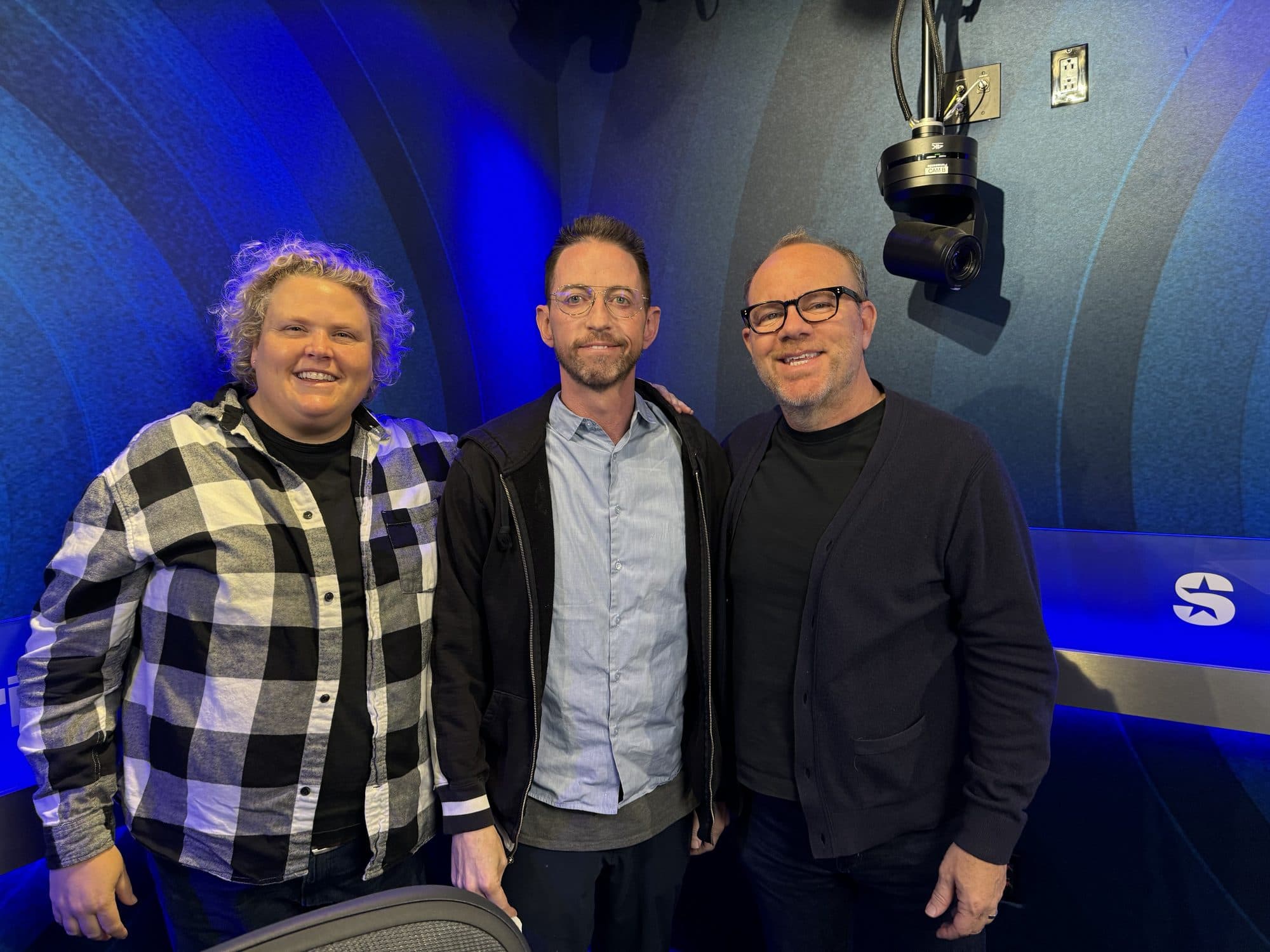 Neal Brennan with Fortune Feimster and Tom Papa in the What A Joke studio
