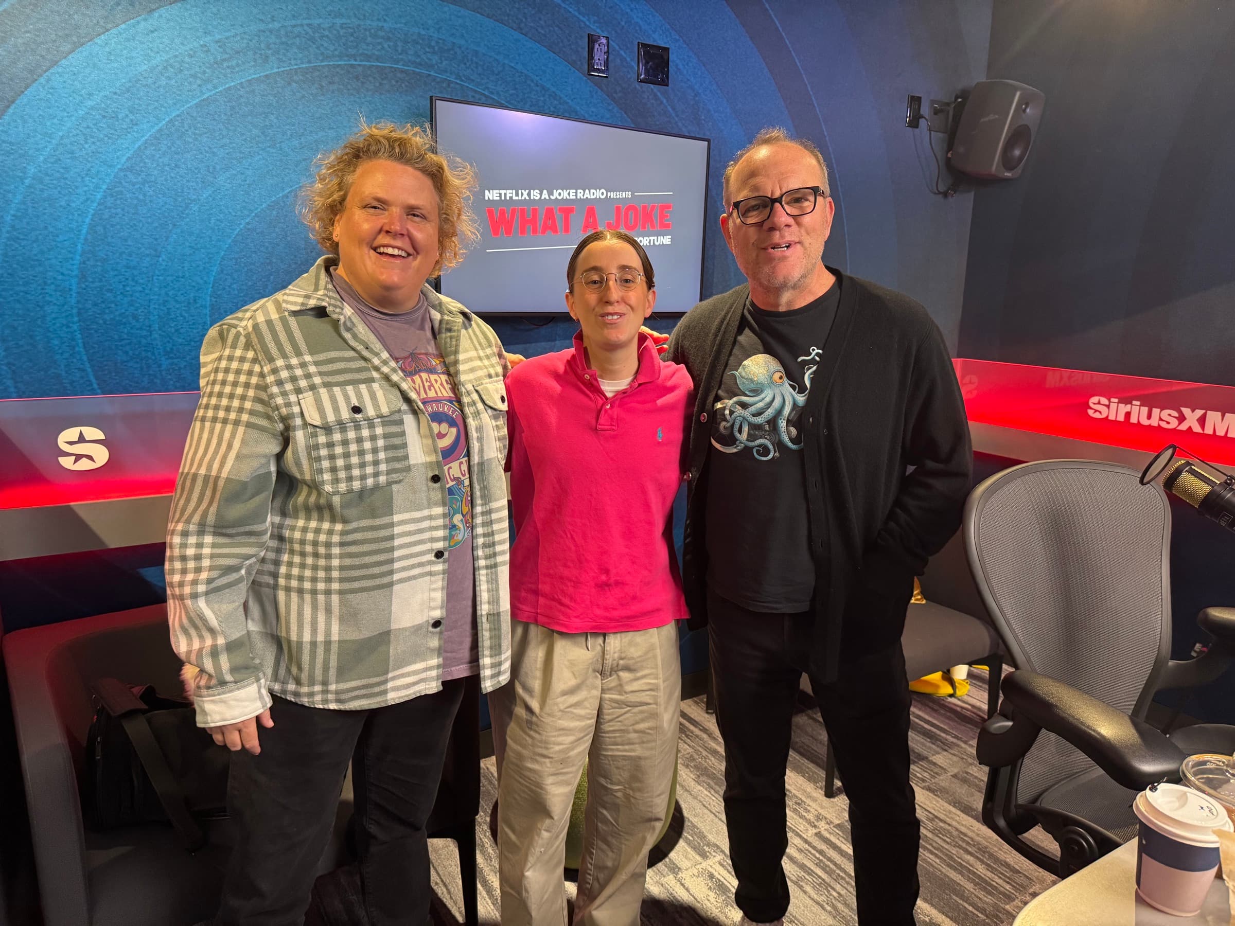 Robbie Hoffman with Fortune Feimster and Tom Papa at a What A Joke recording